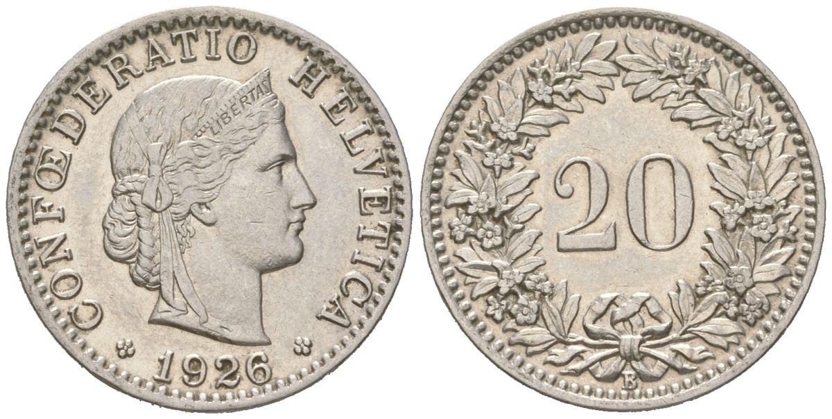 Швейцария 20 раппенов 1926 B KM 29 никель aUNC 4617-514