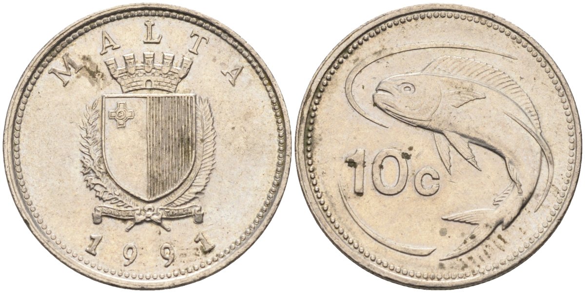 Мальта 10 центов 1991 золотая макрель KM 96 медно-никель 4588-219