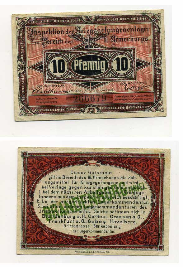 Германия 10 пфеннигов 1917 инспекция лагерей военнопленных в Бранденбурге, III-ий Армейский корпус C-2769 бумага 504-71-1-1