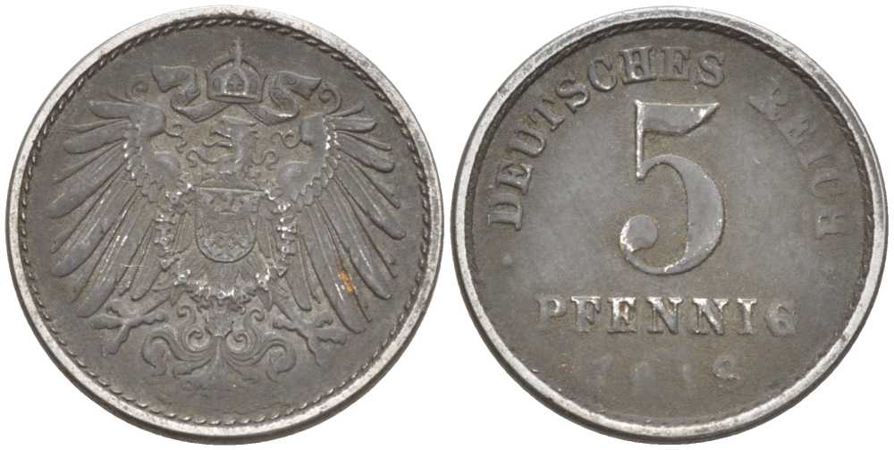 ГЕРМАНИЯ 5 ПФЕННИГОВ 1918 E KM 19, J. 297, Weege 5 железо 206-716