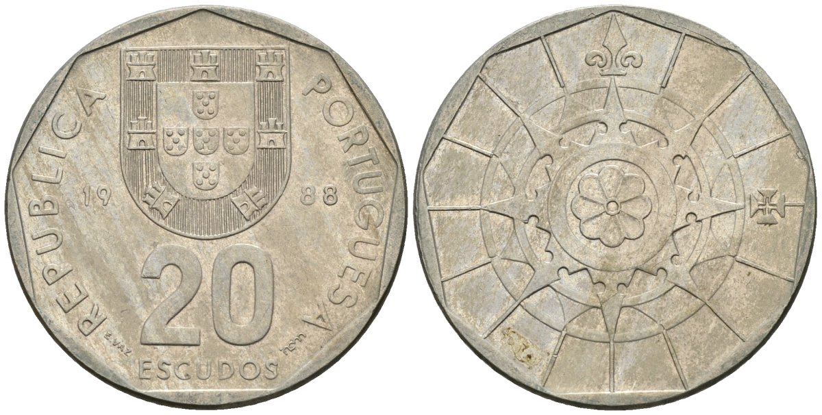Португалия 20 эскудо 1988 KM 634 медно-никель 4148-523