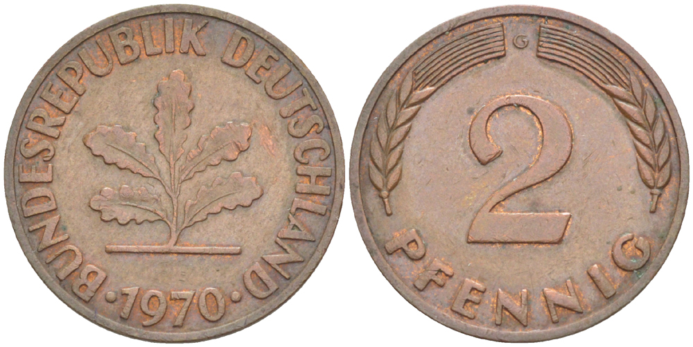 ФРГ 2 ПФЕННИГА 1970 G KM 106а, J. 381а сталь плакированная сталь плакированная медьюю 4181-762