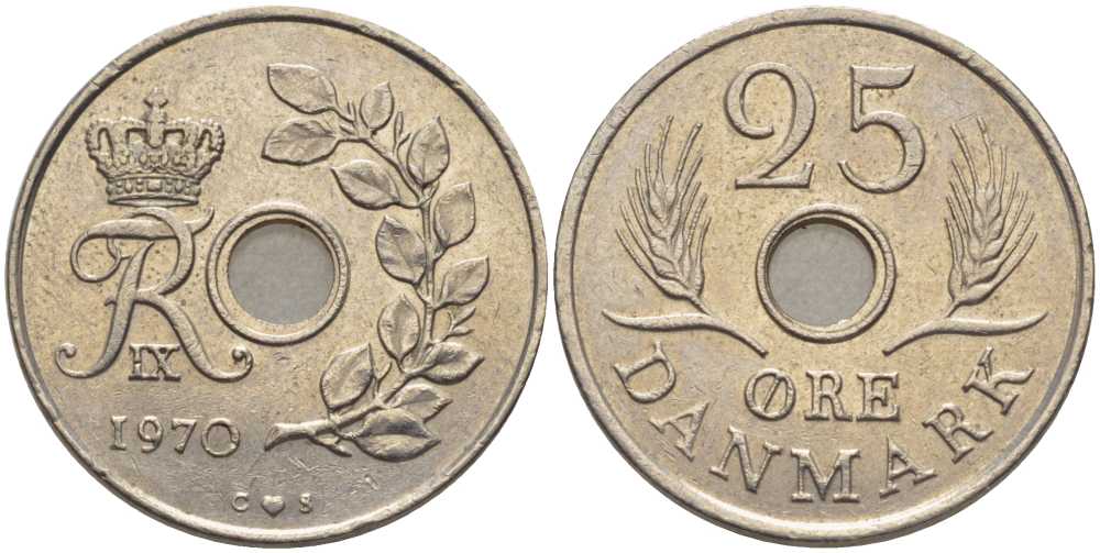 ДАНИЯ 25 ЭРЕ 1970 С;S, ФРЕДЕРИК IX (1947-1972) KM 855.1 медно-никель 202-737