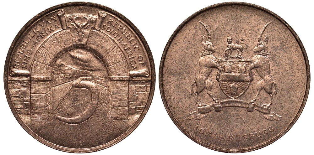 ЮАР МЕДАЛЬ 1966 5 ЛЕТ НЕЗАВИСИМОСТИ, ЙОХАННЕСБУРГ, ДИАМЕТР 32 ММ. бронза 4536-836