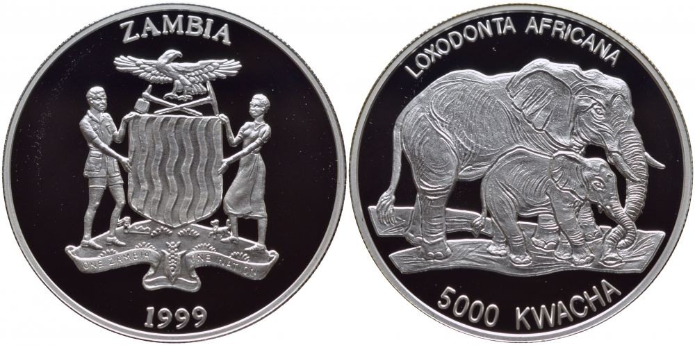 Замбия 5000 квача 1999 Африканские слоны KM 92 серебро PROOF 01-107-43