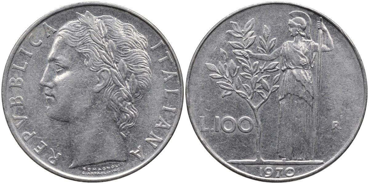 Италия 100 лир 1970 R, Афина в доспехах KM 96.1 нержавеющая сталь 4165-216