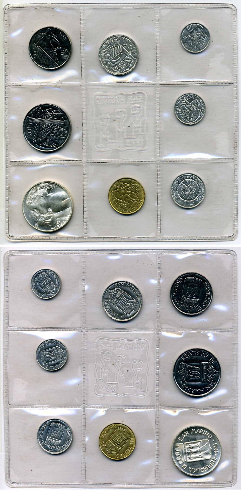 Сан-Марино годовой набор из 8 монет 1973 1, 2, 5, 10, 20, 50, 100 и 500 лир ребёнок держит голубя KM 22-29, в оригинальной пластиковой запайке серебро KM MS2 серебро UNC 3-4-5-25