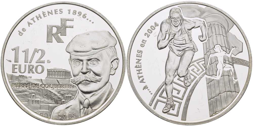 Франция 1 1/2 евро 2003 Пьер де Кубертен, Олимпийские игры 2004 года в Афинах, бег KM 1361 серебро PROOF 1076-5-43