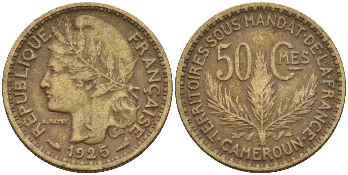 Французский Камерун 50 сантимов 1925 (а), монетный двор Париж KM 1 алюминиевая бронза 4164-1226