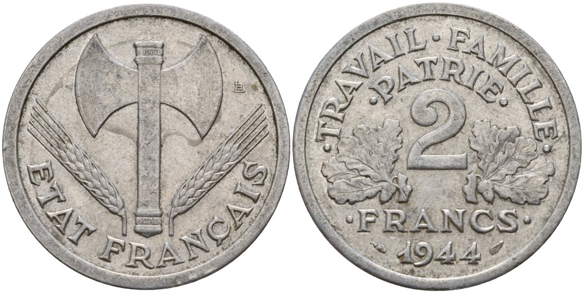Франция 2 франка 1944 тип LOURDE, правительство Виши KM 904 алюминий 4187-1014