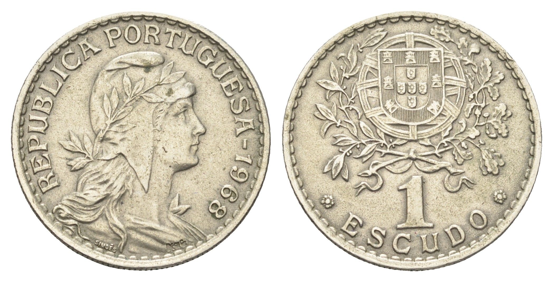 Португалия 1 эскудо 1968 голова Свободы вправо KM 578 никель латунь    4660-356
