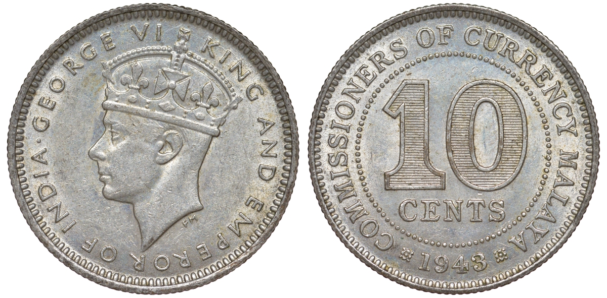 Британская Малайя 10 центов 1943 Георг VI (1937-1952) KM 4a серебро 53-237