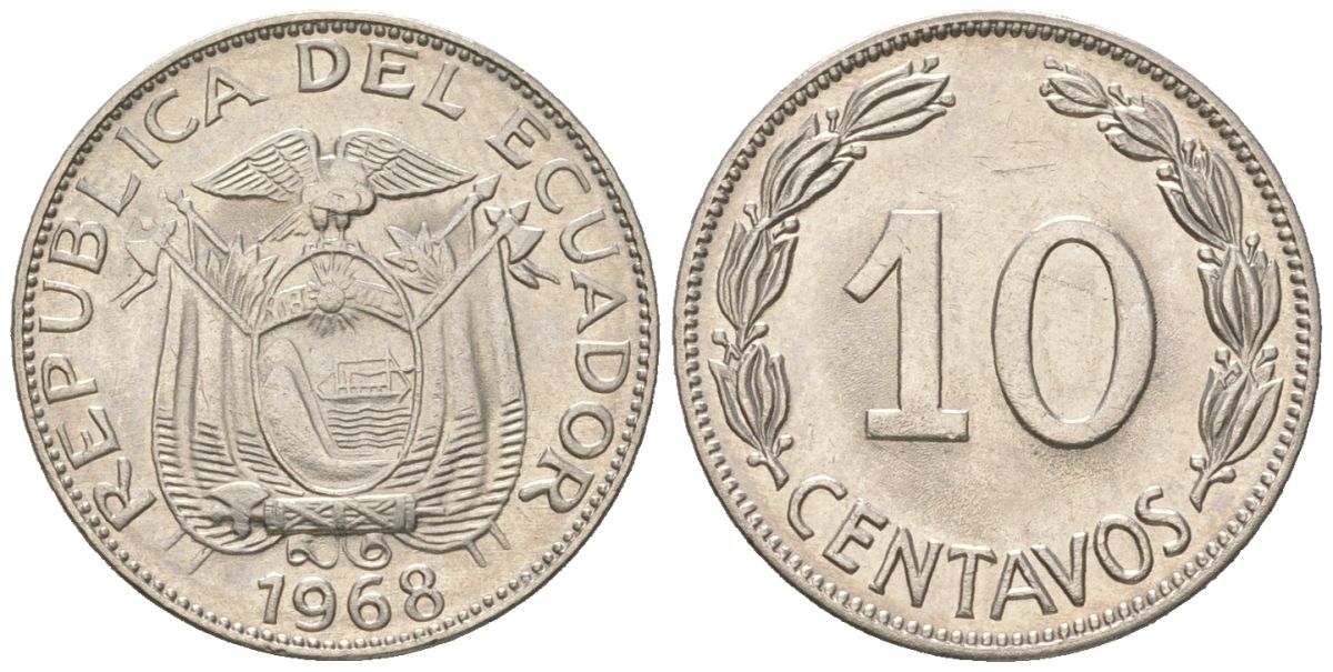 Эквадор 10 сентаво 1968 KM 76c сталь плакированная никелем aUNC 4585-814