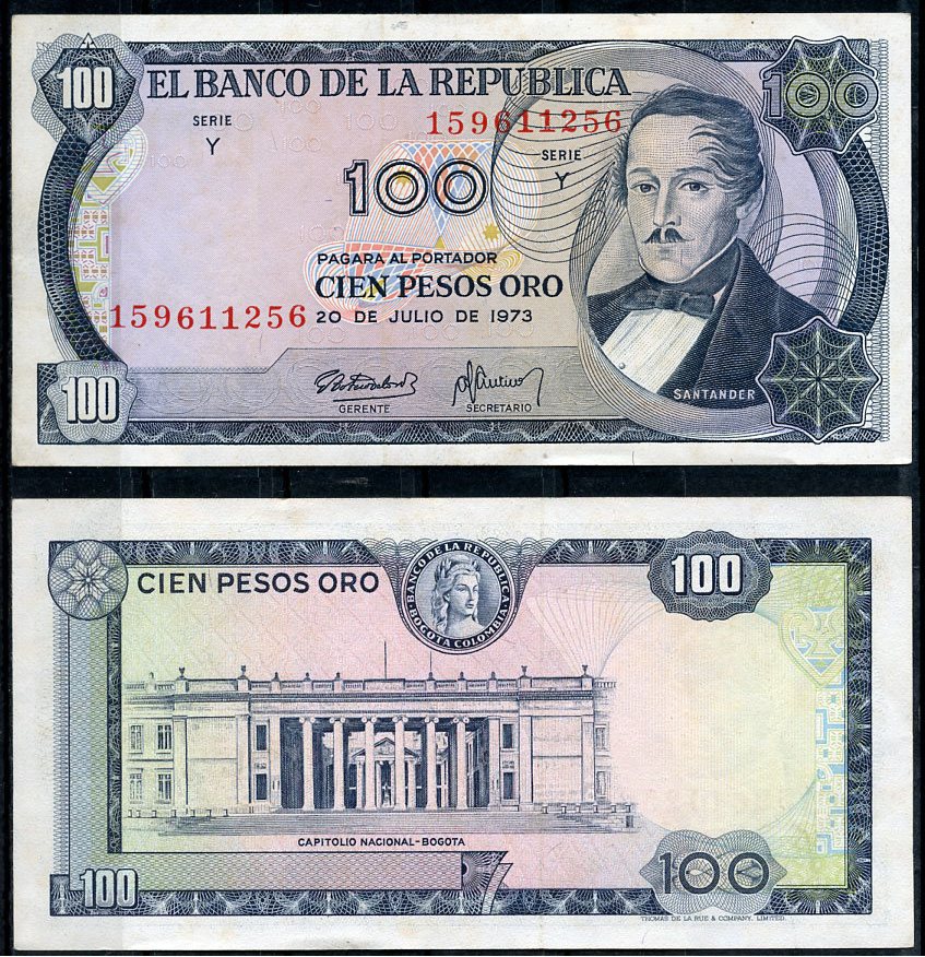 Колумбия 100 песо 1973 генерал Франсиско де Паула Сантандер, герой освободительной войны Pick 415  бумага  UNC (пресс) 7219-2-1-2