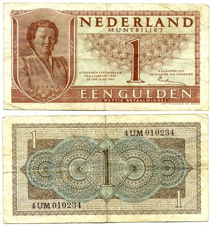 НИДЕРЛАНДЫ 1 ГУЛЬДЕН 1949 8 АВГУСТА 1949, КОРОЛЕВА ЮЛИАНА Pick 72 бумага 6287-16-1