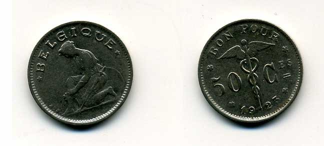 БЕЛЬГИЯ 50 САНТИМОВ 1923 BELGIQUE KM 87 никель 46-1167