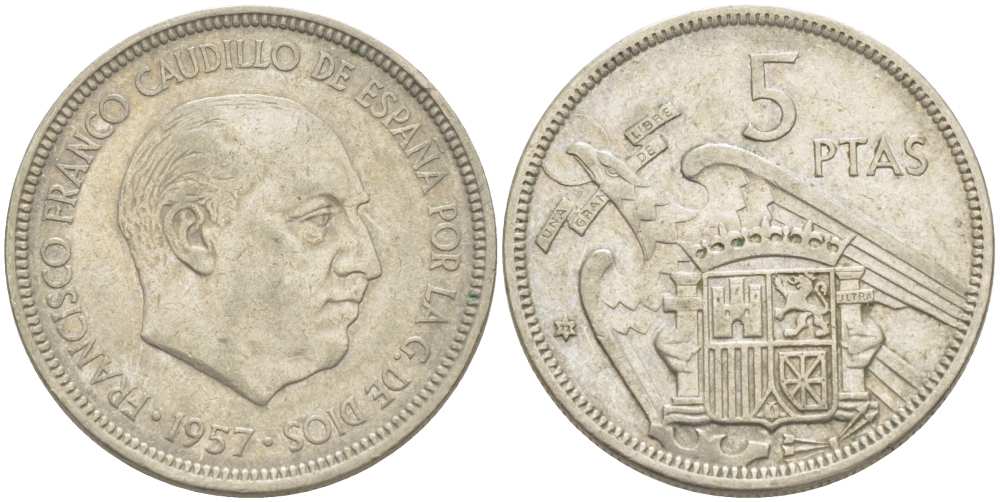 ИСПАНИЯ 5 ПЕСЕТ 1957 (72) ФРАНСИСКО ФРАНКО ДИКТАТОР ИСПАНИИ (1939-1975) KM 786 медно-никель 210-1123