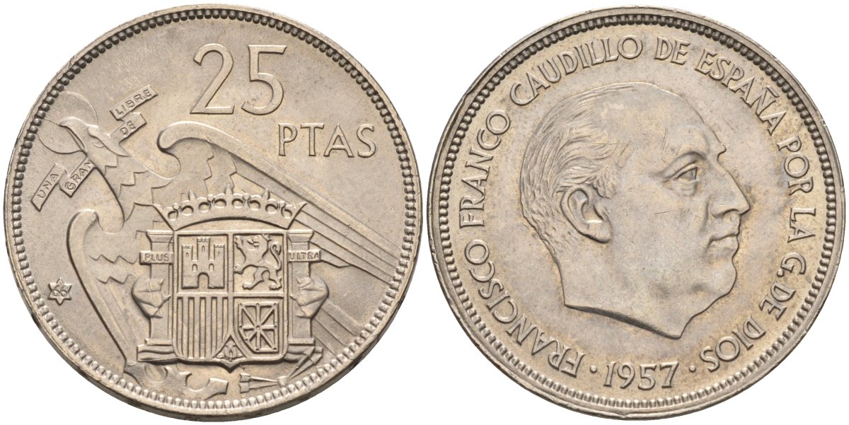 Испания 25 песет 1957(66) Франциско Франко (1939-1975) KM 787 медно-никель аUNC 4583-1023