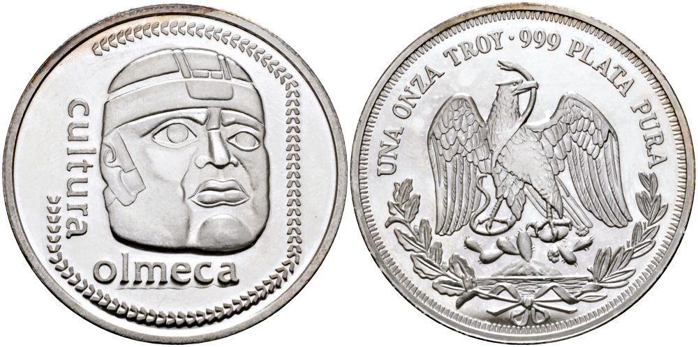 МЕКСИКА 1 УНЦИЯ ND CULTURA OLMECA, ДИАМЕТР 40 ММ., ВЕС 1 ТРОЙСКАЯ УНЦИЯ серебро PROOF 00-00