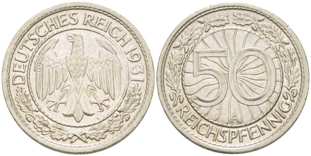 ГЕРМАНИЯ 50 РЕЙХСПФЕННИГОВ 1931 А KM 49, J. 324 никель 202-443