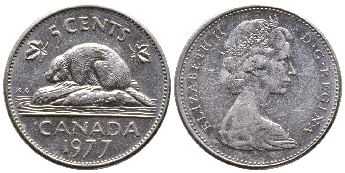Канада 5 центов 1977 Елизавета II (1952-2022), бобр KM 60.1 никель 4364-2442