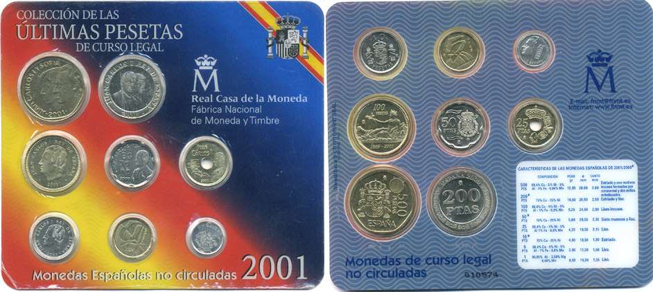 Испания официальный годовой набор из 8 монет песет 2001 в блистере UNC 00-00