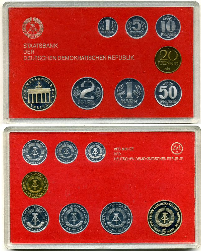 ГДР официальный набор из 8 монет включая 5 марок Бранденбургские ворота 1982 тираж 2500 экземпляров, твердый пластик KM PS 3 PROOF 4-3-5-23