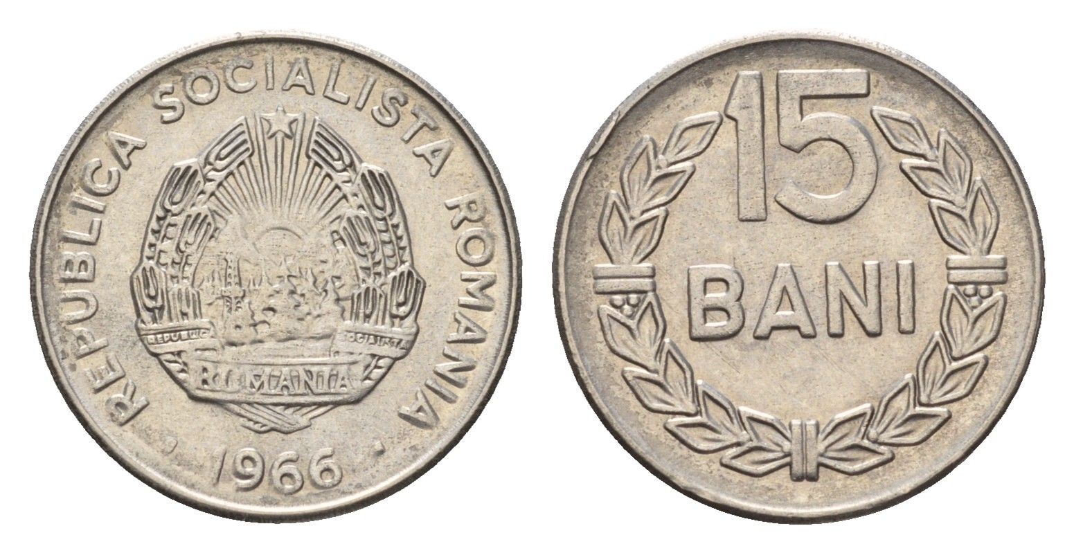 Румыния 15 бань (бани) 1966 KM 93 сталь плакированная никелем UNC 4615-855