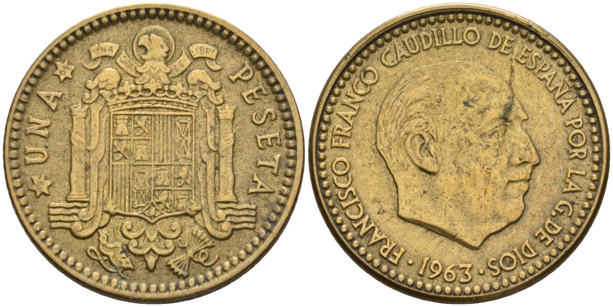 Испания 1 песета 1963 (65) Франсиско Франко (1939-1975) KM 775 алюминиевая бронза 3336-1136