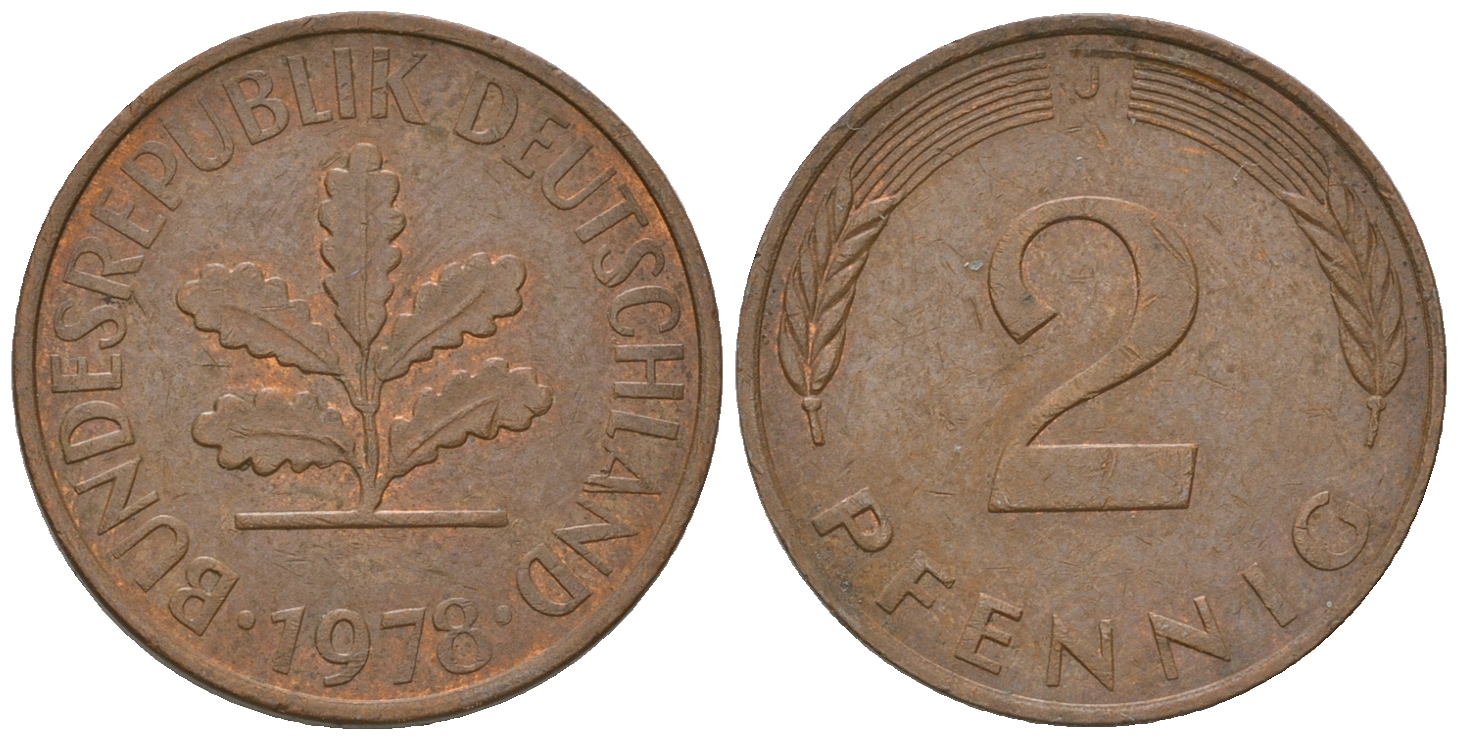 ФРГ 2 пфеннига 1978 J KM 106a, J.381a сталь плакированная медью 4651-1268