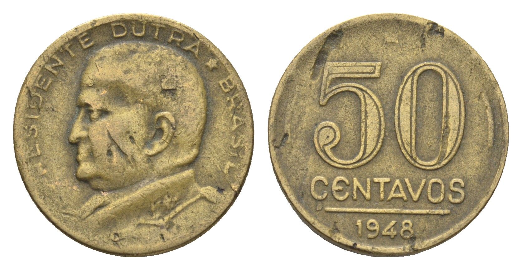Бразилия 50 сентаво 1948 Эурику Дутра KM 563 алюминиевая бронза 4664-529