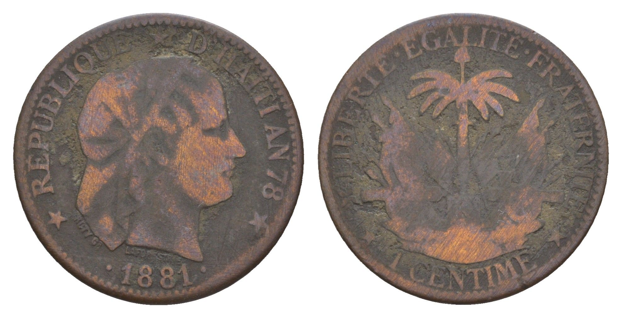 Гаити 1 сантим 1881 год-тип KM 42 бронза 4657-656