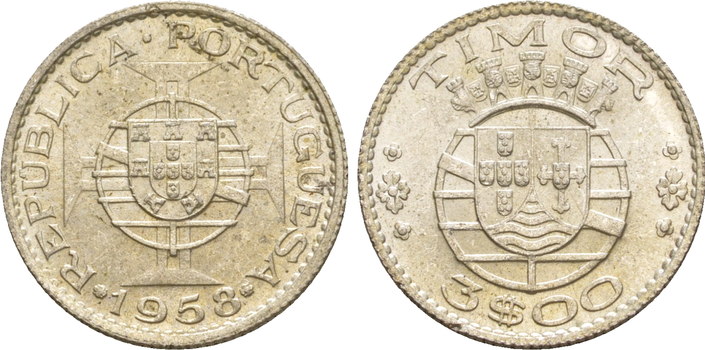 Португальский Тимор 3 эскудо 1958  KM 14 серебро  aUNC 4635-842