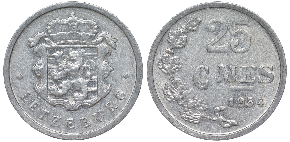Люксембург 25 сантимов 1954 KM 45a.1 алюминий 4164-346