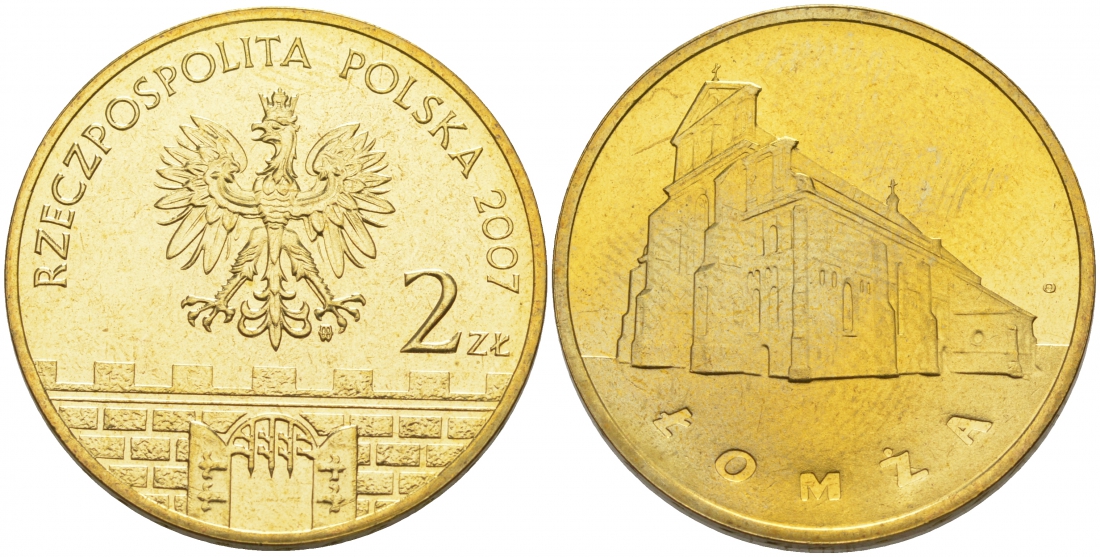 Польша 2 злотых 2007 MW, серия польские города, Ломжа (Lomza) KM 616 латунь UNC M13-11