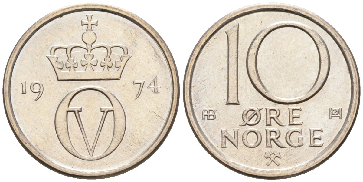 Норвегия 10 эре 1974 Улаф V (1958-1991) KM 416 медно-никель 4580-969