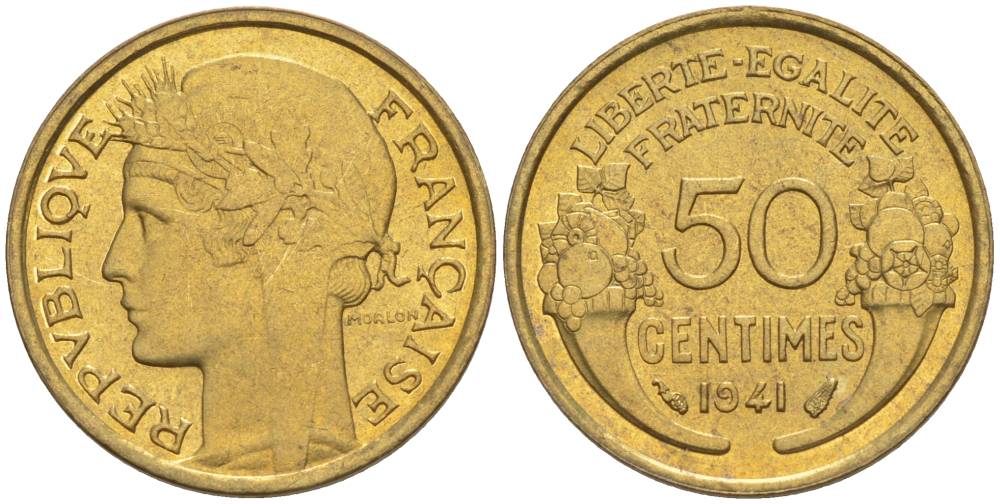 ФРАНЦИЯ 50 САНТИМОВ 1941 ТИП MORLON KM 894.1, LE FRANC 192.18 алюминиевая бронза 44-441