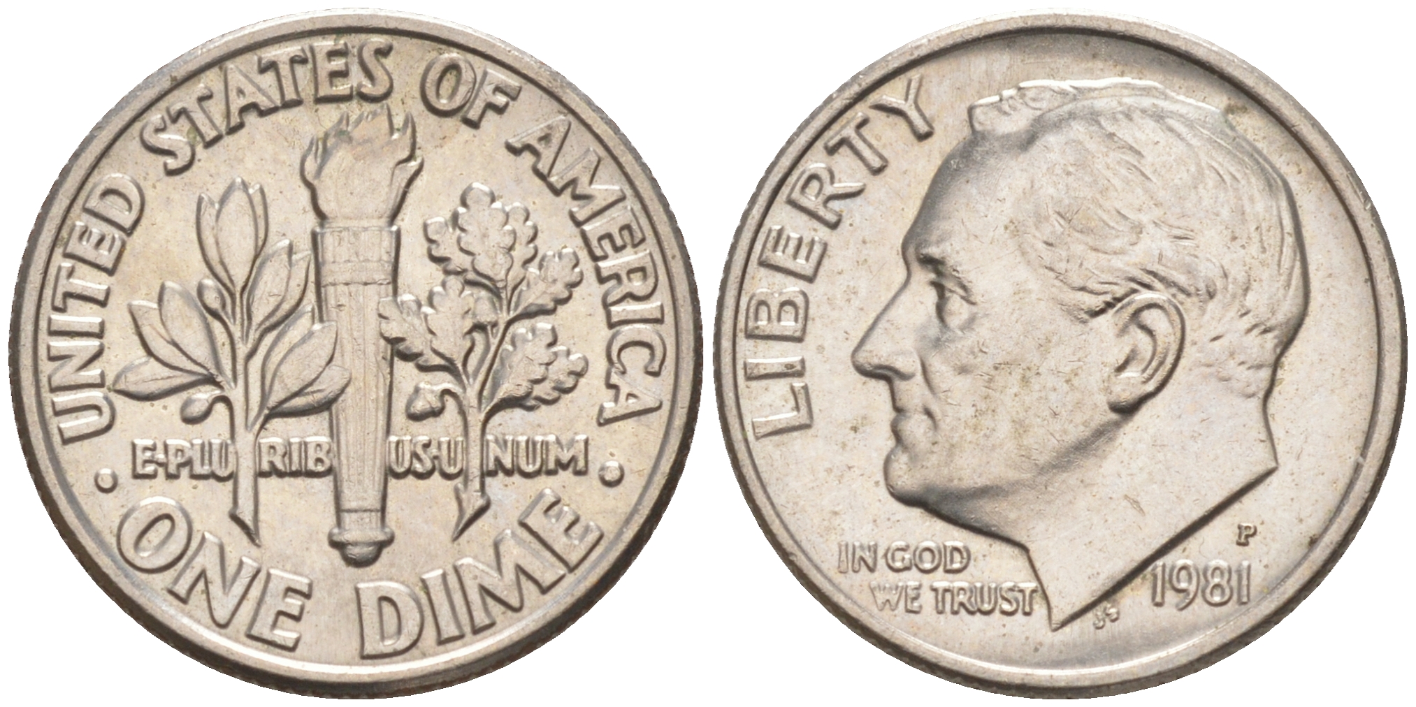 США 10 ЦЕНТОВ = 1 ДАЙМ 1981 P, РУЗВЕЛЬТ KM 195a медь плакированная медно-никелем 187-1056