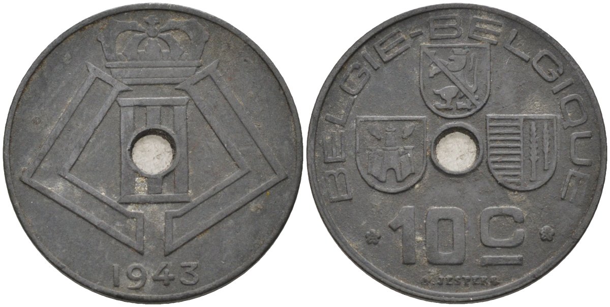 Бельгия 10 сантимов 1942 BELGIE-BELGIQUE KM 126 цинк 4116-1112