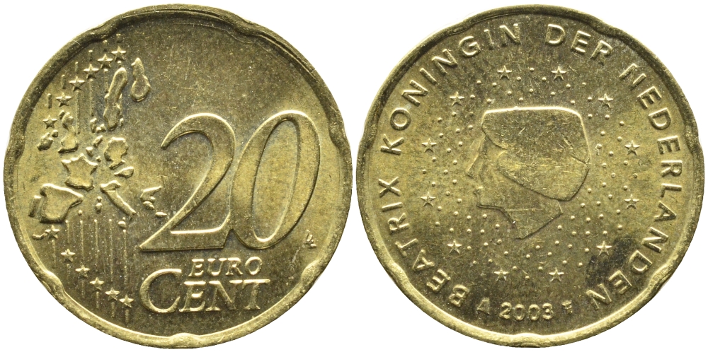 Нидерланды 20 евроцентов 2003 Беатрикс (1980-2013) KM 238 латунь UNC 08-545