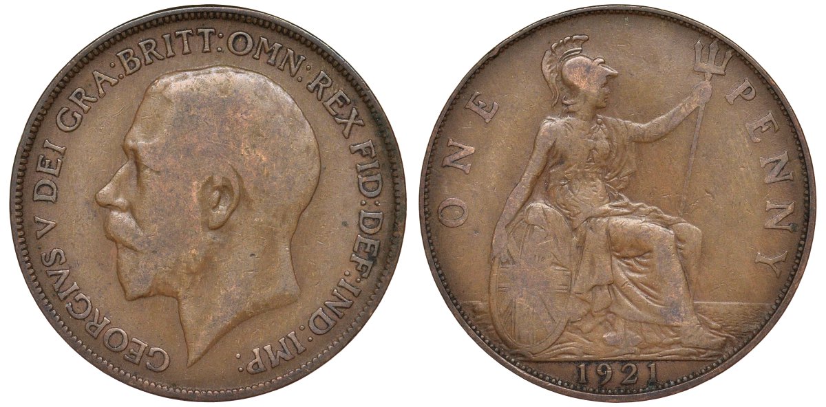 Великобритания 1 пенни 1921 Георг V (1910-1936) KM 810, Spink 4051 бронза 4123-1145