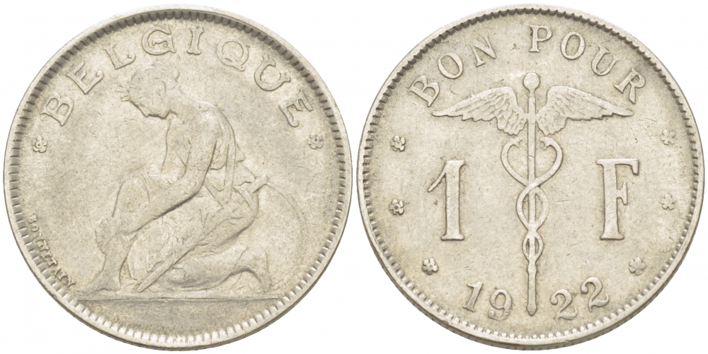 Бельгия 1 франк 1922 Belgique, Альберт I (1910-1934) KM 89 никель 261-447
