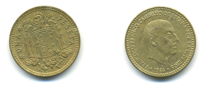 Испания 1 песета 1966 (75) Франциско Франко (1939-1975) КМ 796 алюминиевая бронза 177-114