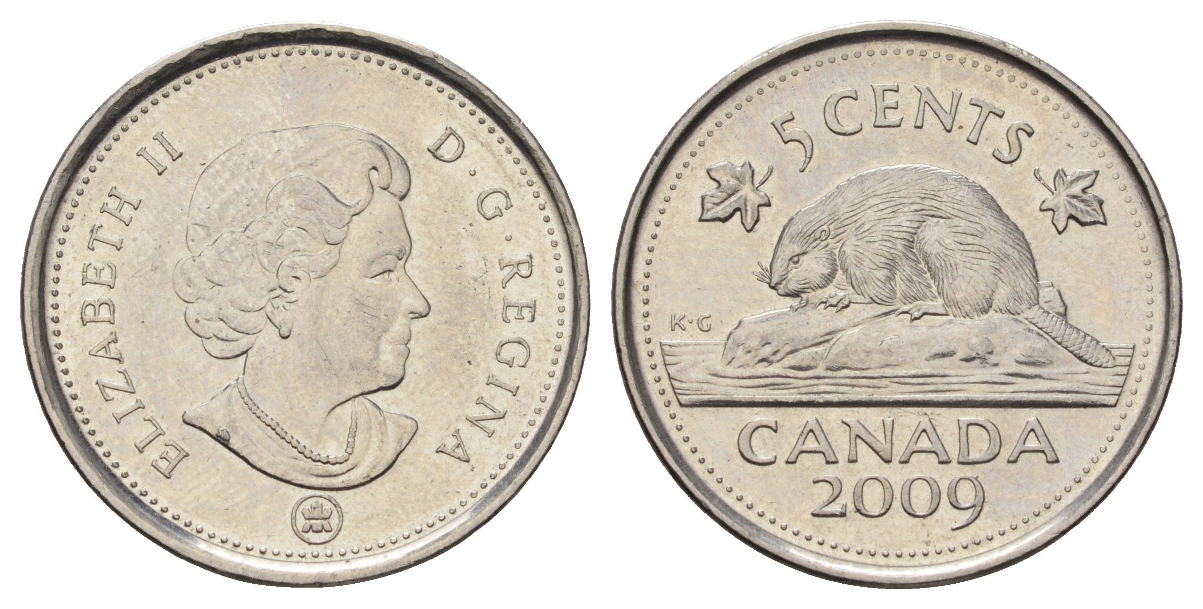 Канада 5 центов 2009 Leaf, Елизавета II (1952-2022), бобр KM 491 сталь плакированная никелем 4689-518