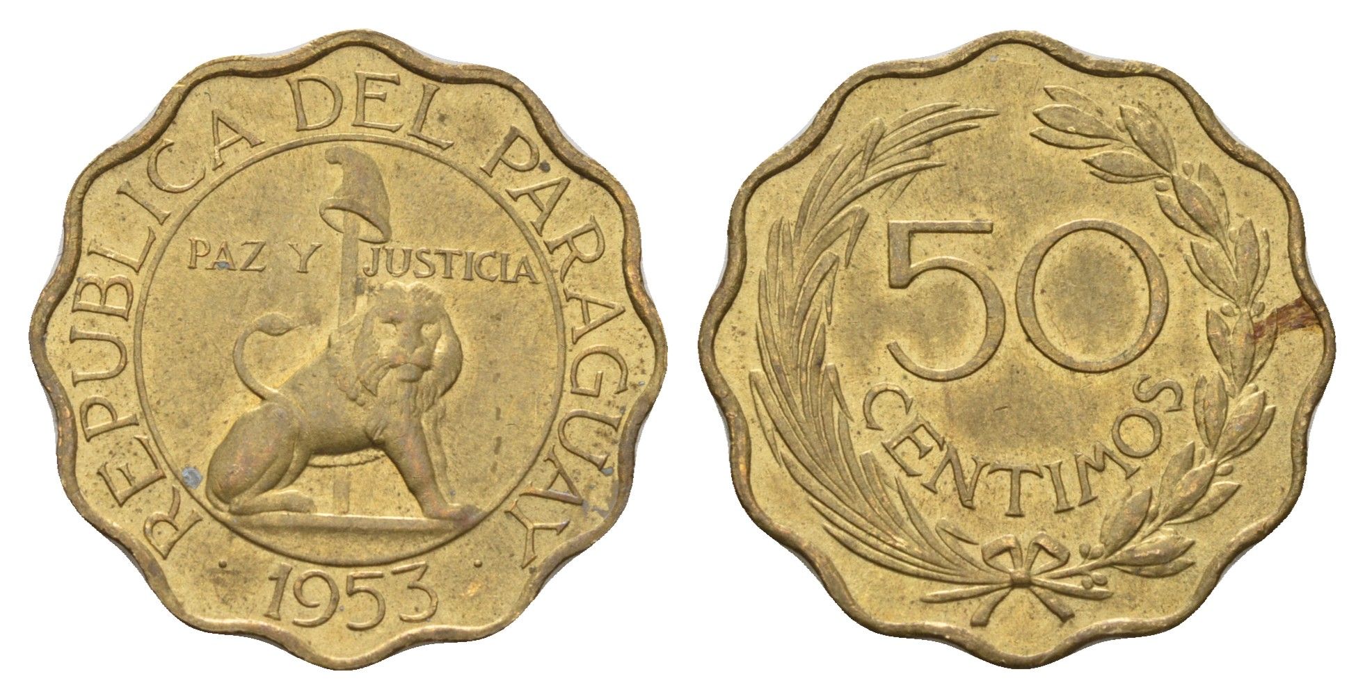 Парагвай 50 сентимо 1953 лев, фригийский колпак на шесте KM 28 алюминиевая бронза aUNC 4675-623