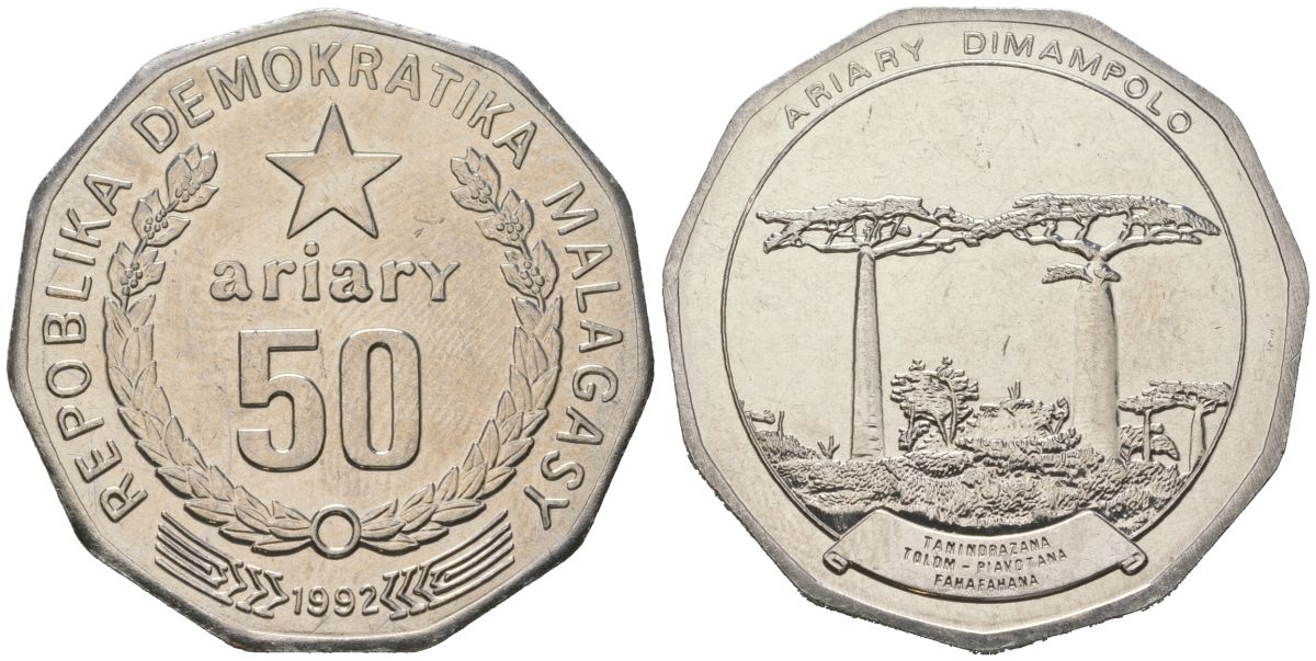 Мадагаскар 50 ариари 1992 ФАО, Малагаси KM 20 сталь плакированная никелем UNC 4593-936