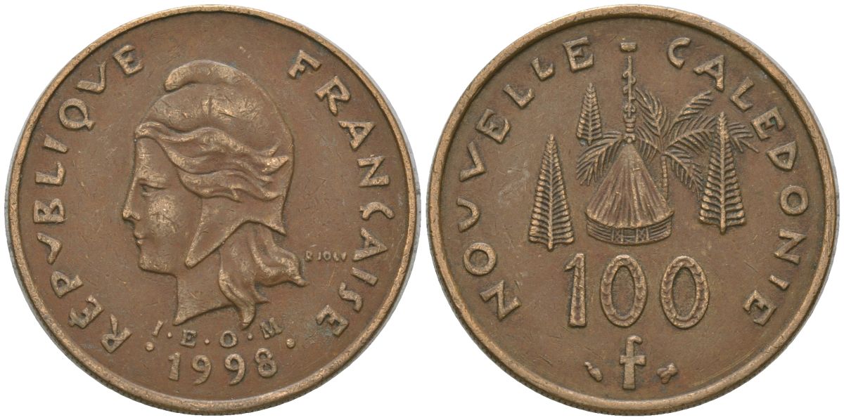 Французская Новая Каледония 100 франков 1998 хижина среди сосен и пальм, (IEOM) KM 15, Schoen 16, Lec 139b никель латунь 4140-1044