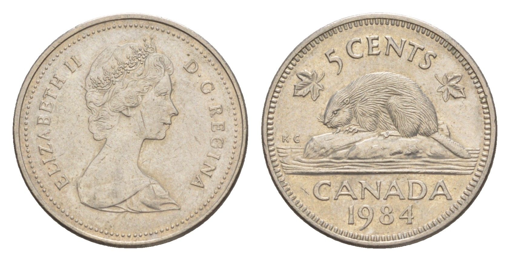 Канада 5 центов 1984 Елизавета II (1952-2022), бобр KM 60.2a медно-никель 4639-515