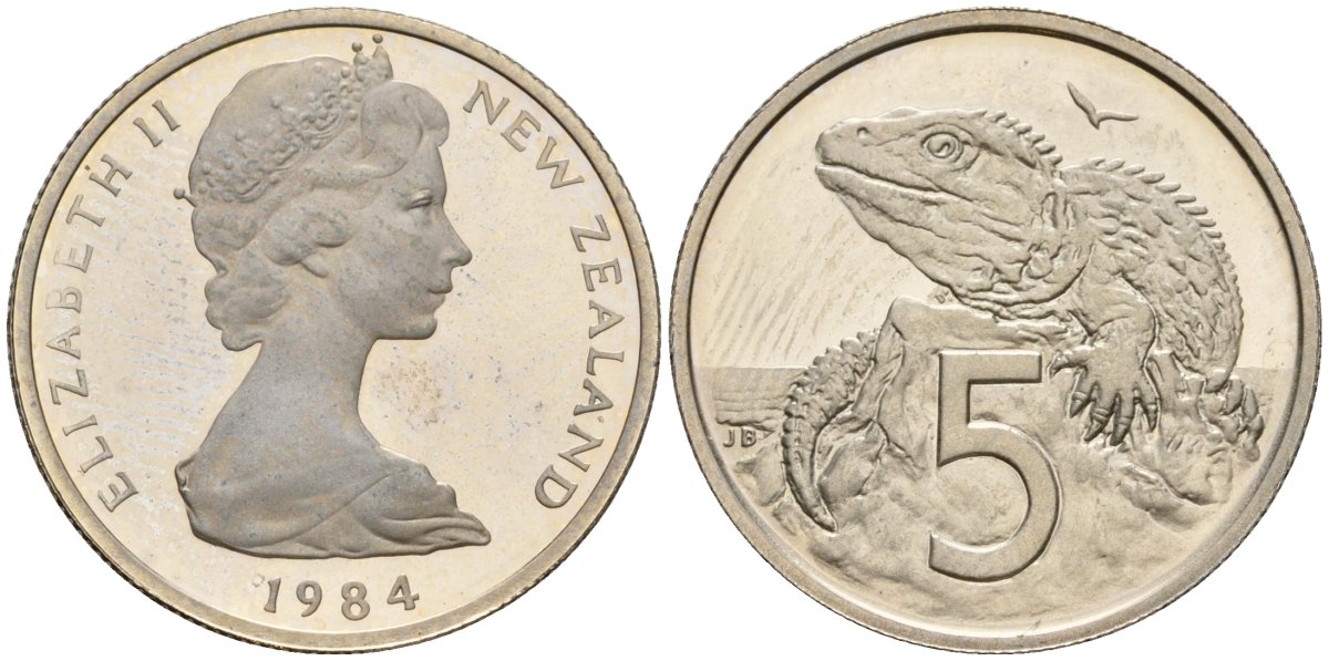 Новая Зеландия 5 центов 1984 Елизавета II (1952-2022), ящерица гаттерия KM 34 медно-никель PROOF 3711-1644