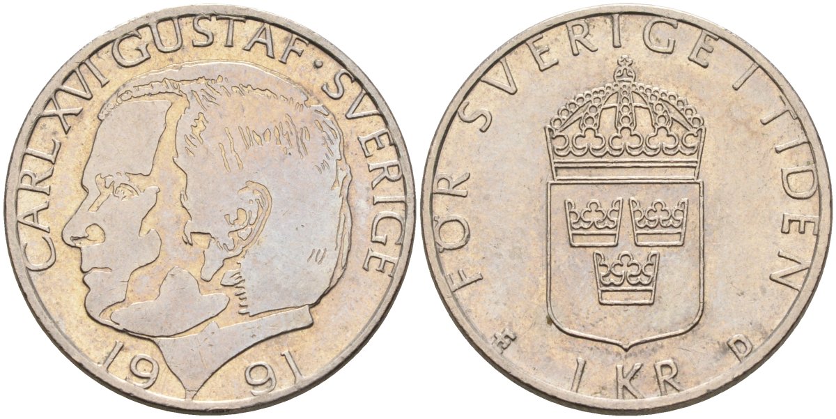 Швеция 1 крона 1991 Карл XVI Густав (1973- ) KM 852а медно-никель 4582-515